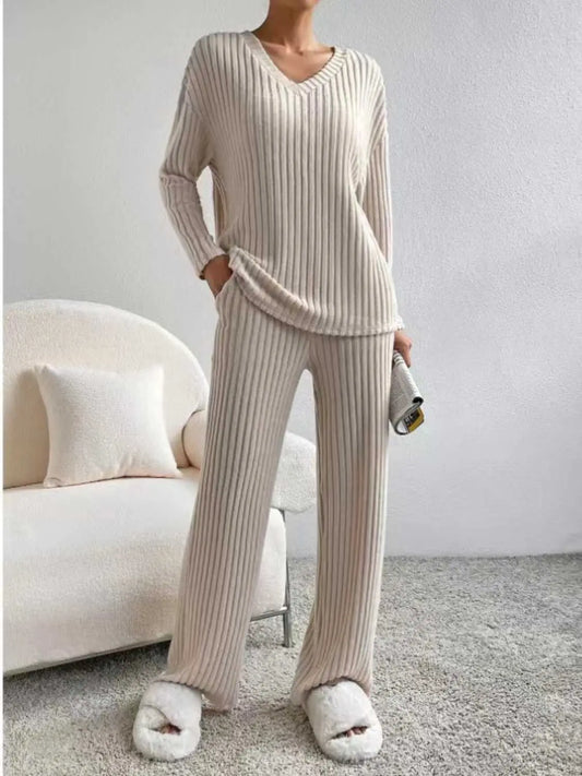 Ribbed V-Neck Long Sleeve Top and Pants Set - So•phis•ti•hood Boutique