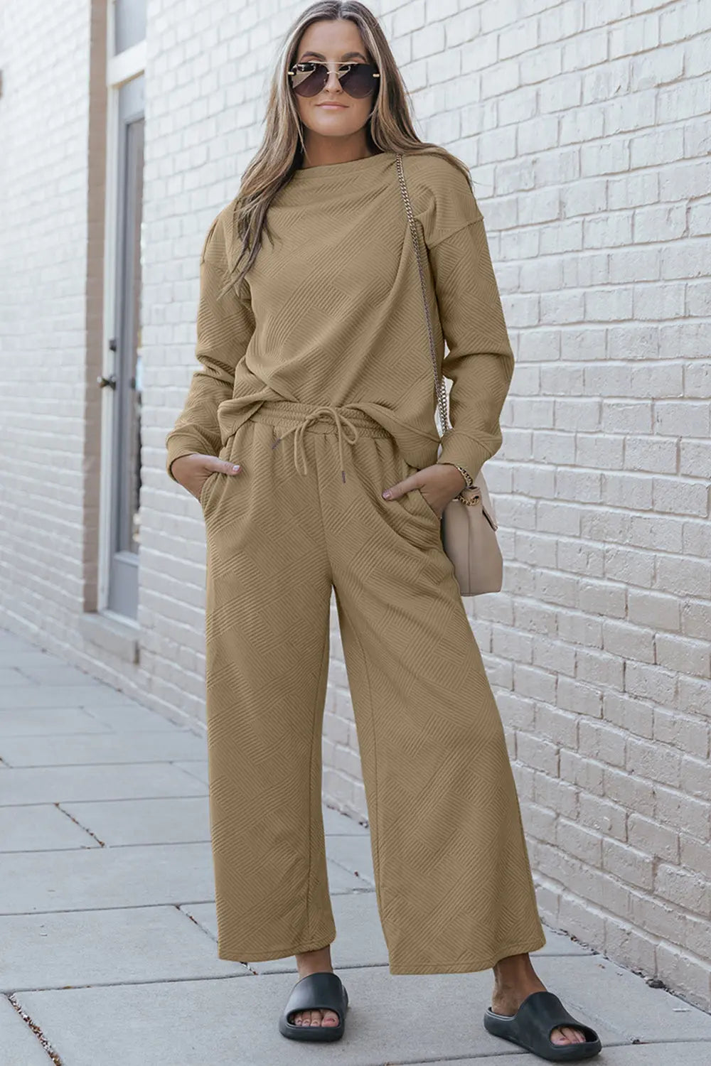 Double Take Full Size Textured Long Sleeve Top and Drawstring Pants Set - So•phis•ti•hood Boutique