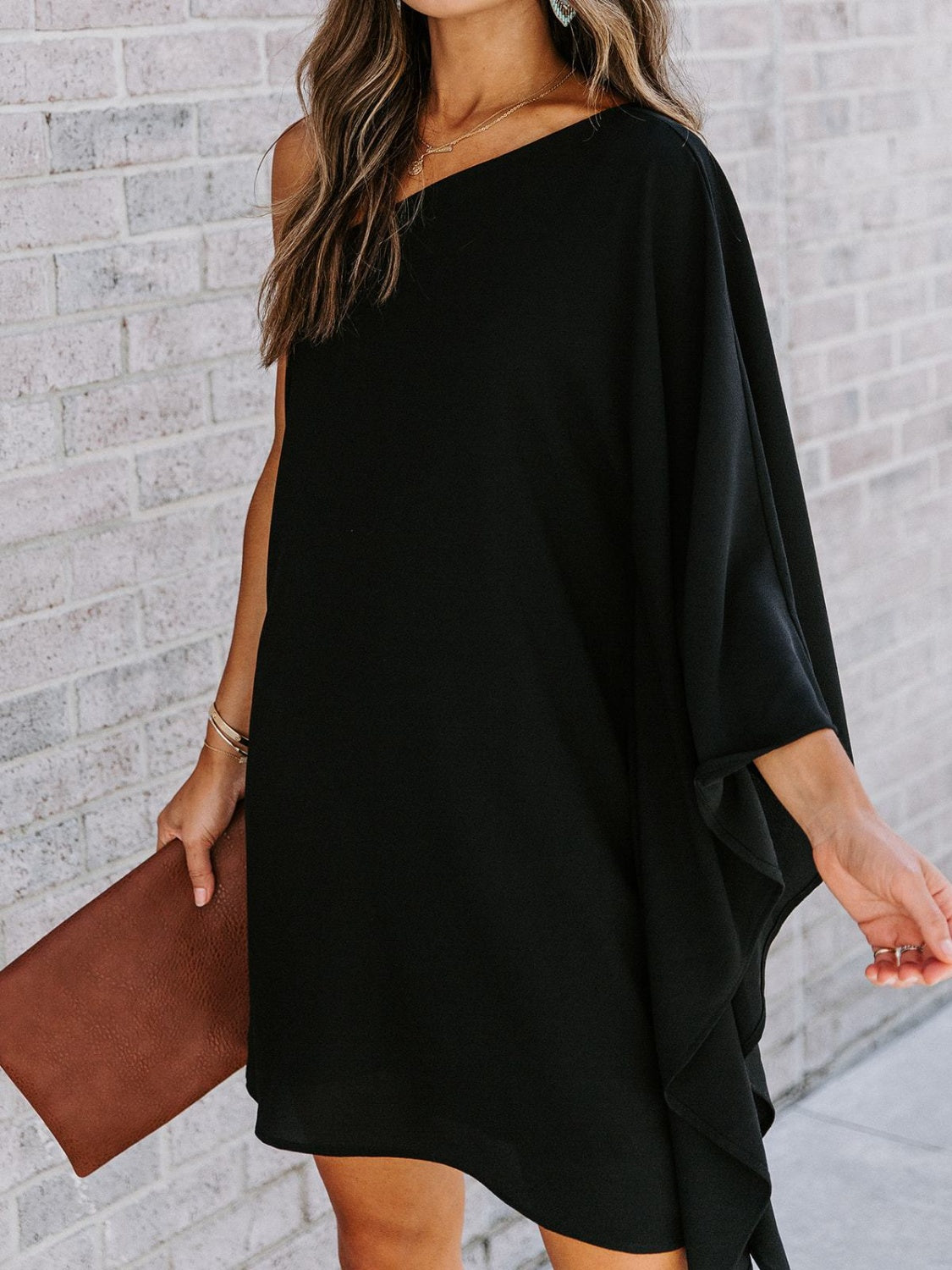 Single Shoulder Kimono Sleeve Mini Dress - So•phis•ti•hood Boutique