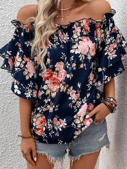 Printed Off-Shoulder Flounce Sleeve Blouse - So•phis•ti•hood Boutique