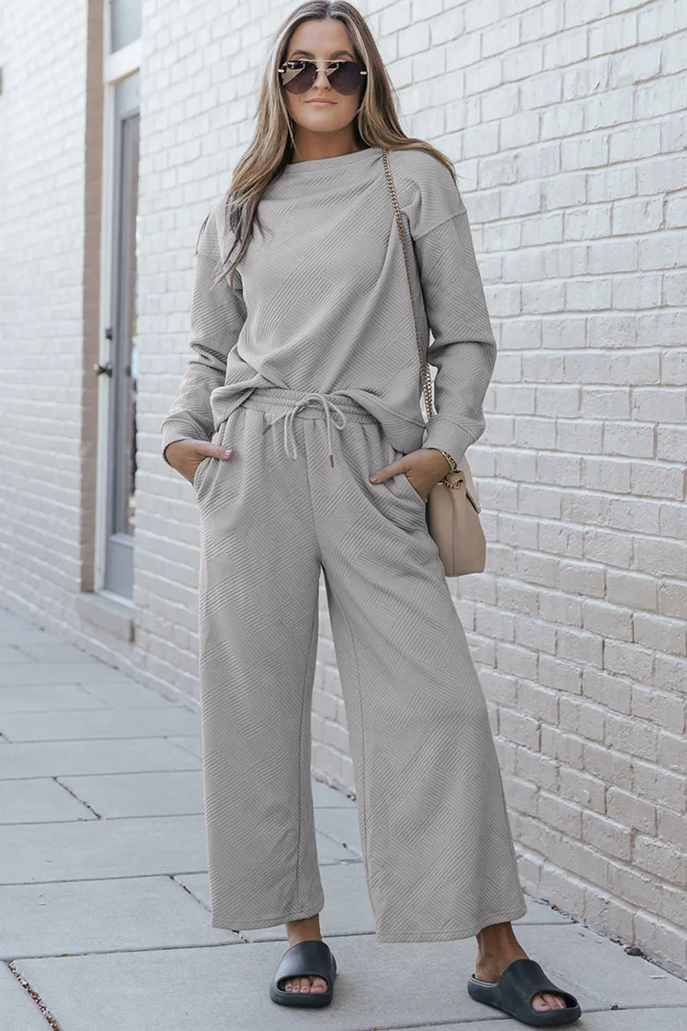 Double Take Full Size Textured Long Sleeve Top and Drawstring Pants Set - So•phis•ti•hood Boutique