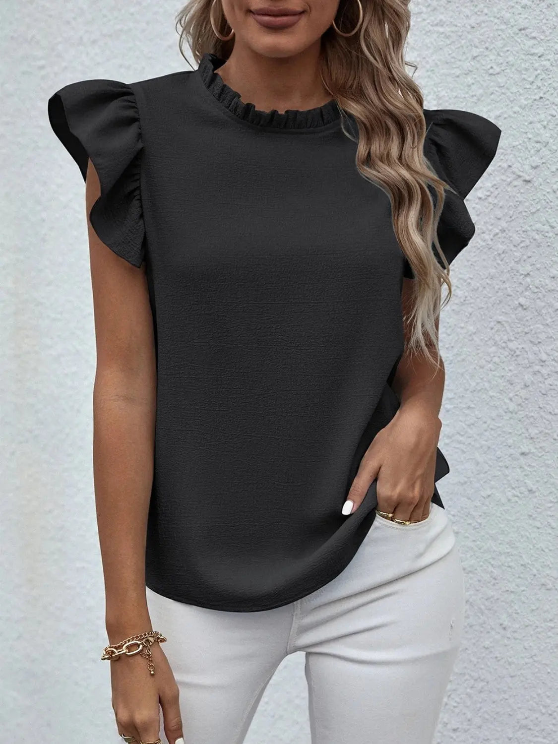 Mock Neck Ruffled Cap Sleeve Blouse - So•phis•ti•hood Boutique