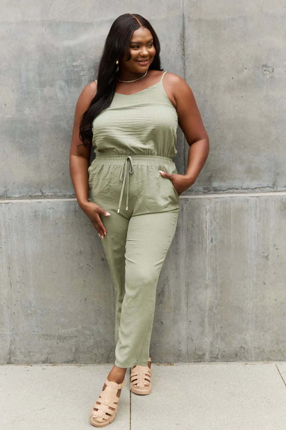 ODDI Full Size Textured Woven Jumpsuit in Sage - So•phis•ti•hood Boutique