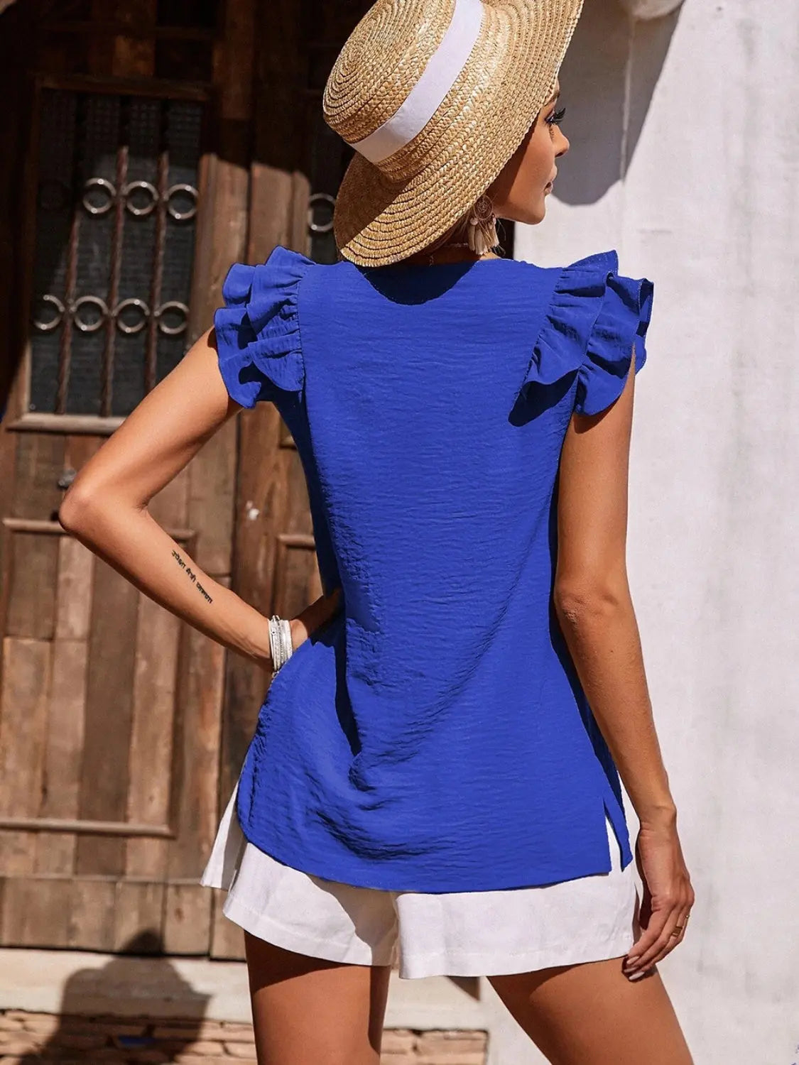 Ruffled V-Neck Cap Sleeve Blouse - So•phis•ti•hood Boutique