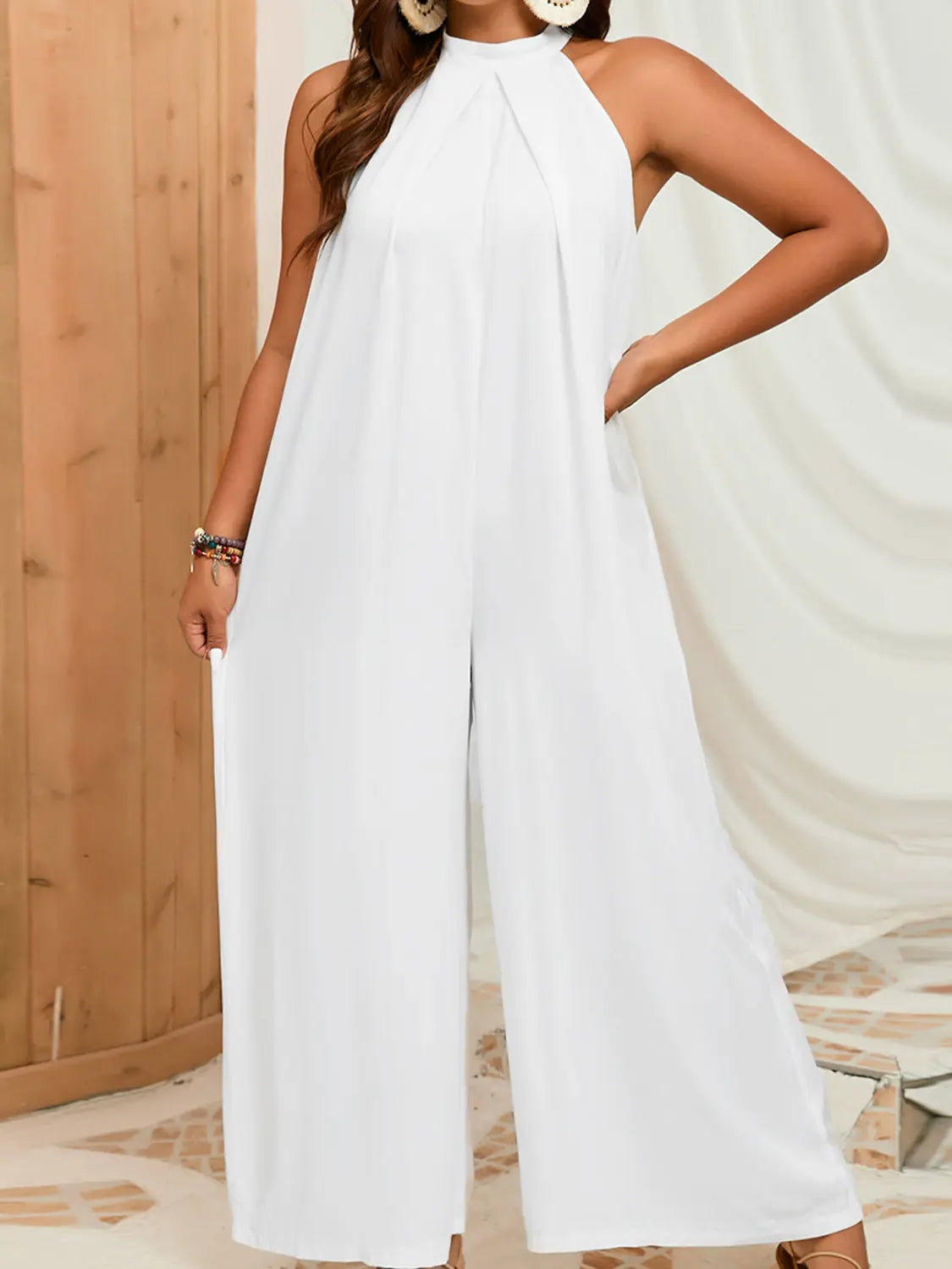 Plus Size Sleeveless Halter Neck Wide Leg Jumpsuit - So•phis•ti•hood Boutique