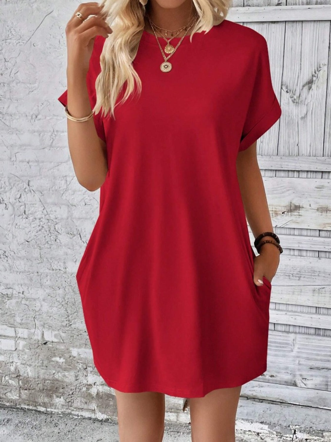 Pocketed Round Neck Short Sleeve Dress - So•phis•ti•hood Boutique