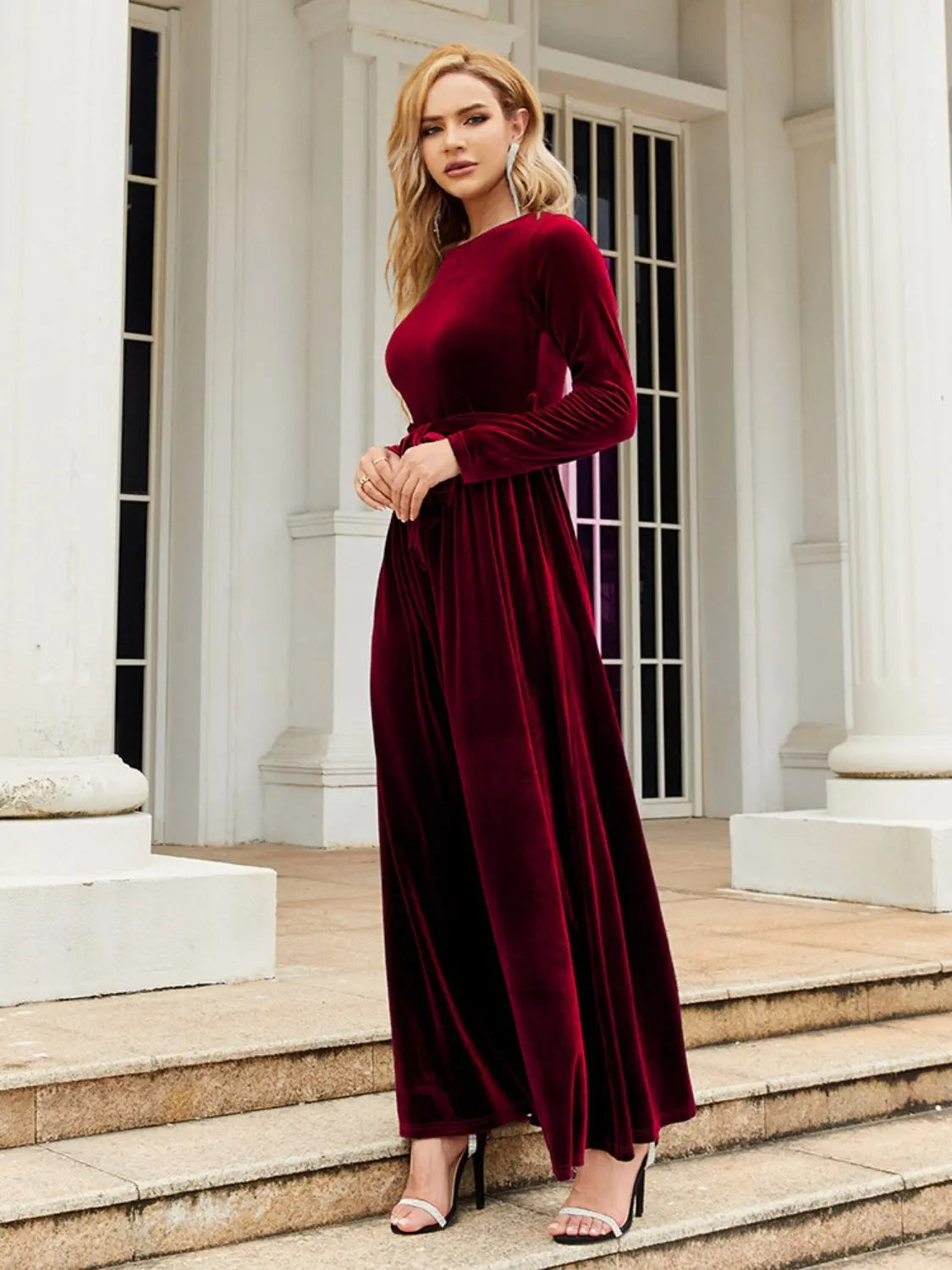 Tie Front Round Neck Long Sleeve Maxi Dress - So•phis•ti•hood Boutique